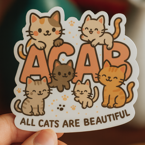 Sticker with cartoon cats and 'All Cats Are Beautiful' text held by a hand.