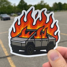 Flaming Cybertruck – Satirical Sticker | Funny Anti-Techbro Decal | Tesla Cybertruck On Fire